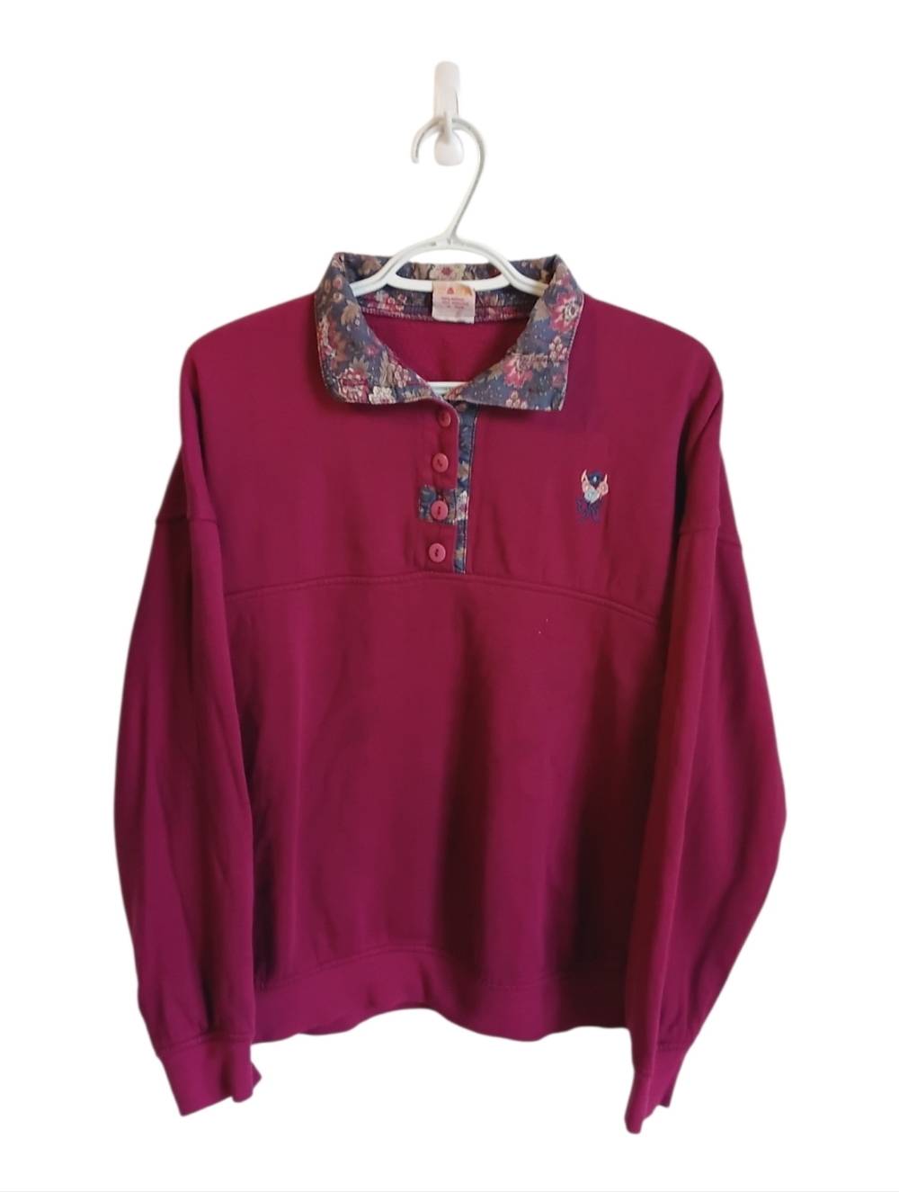 Vintage 90s Lady Footlocker Floral Collar Burgundy Pullover Sweatshirt Cottage